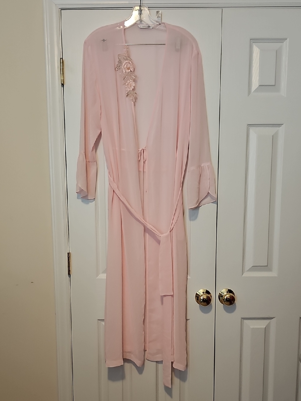 Delicates Women's Sheer Floral Appliqué Long Robe - Pink